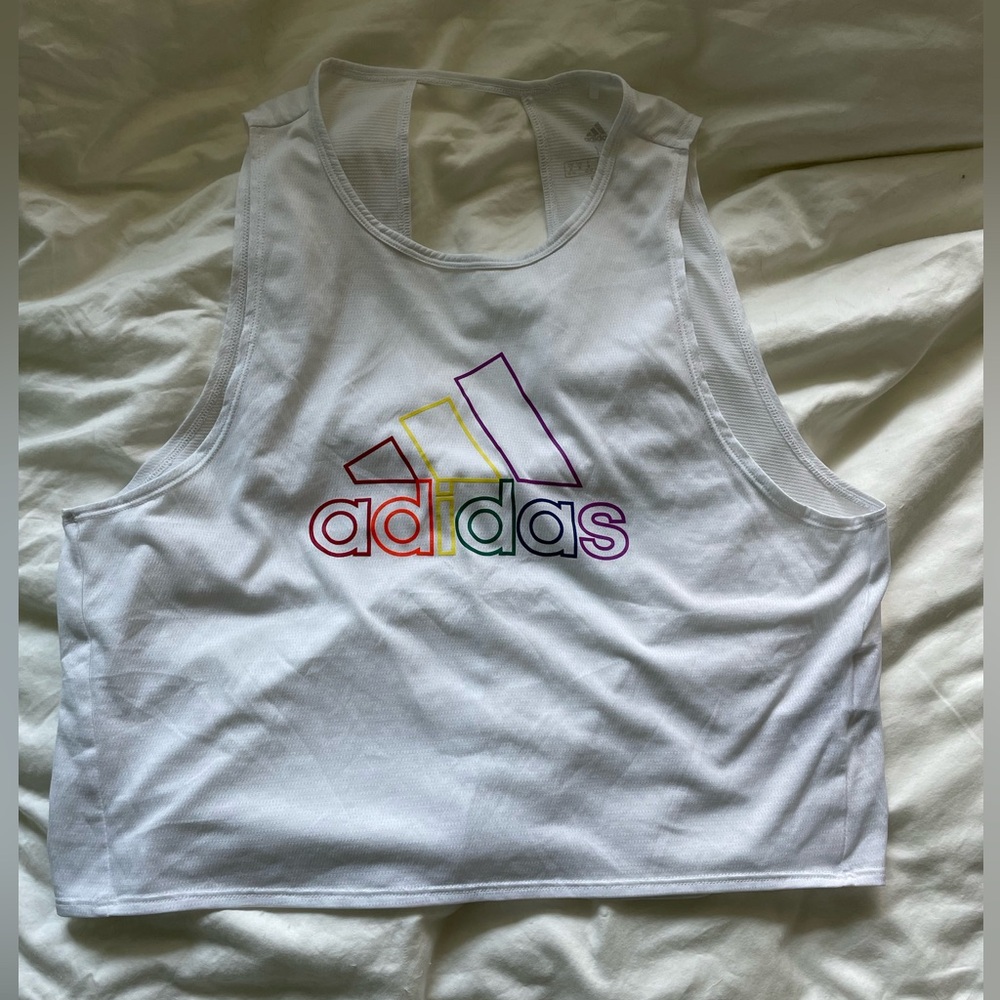 adidas cropped muscle tank in white with rainbow accents
